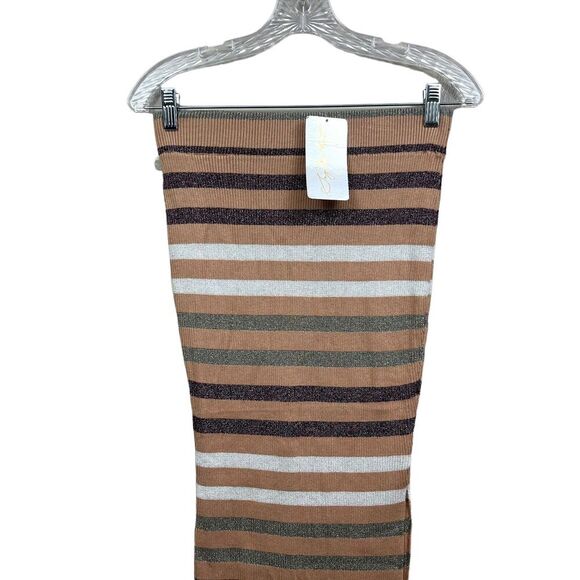 Say What Pencil Skirt Stretch Knit Striped Metallic Tan Side Slit Women Size M - Picture 2 of 5